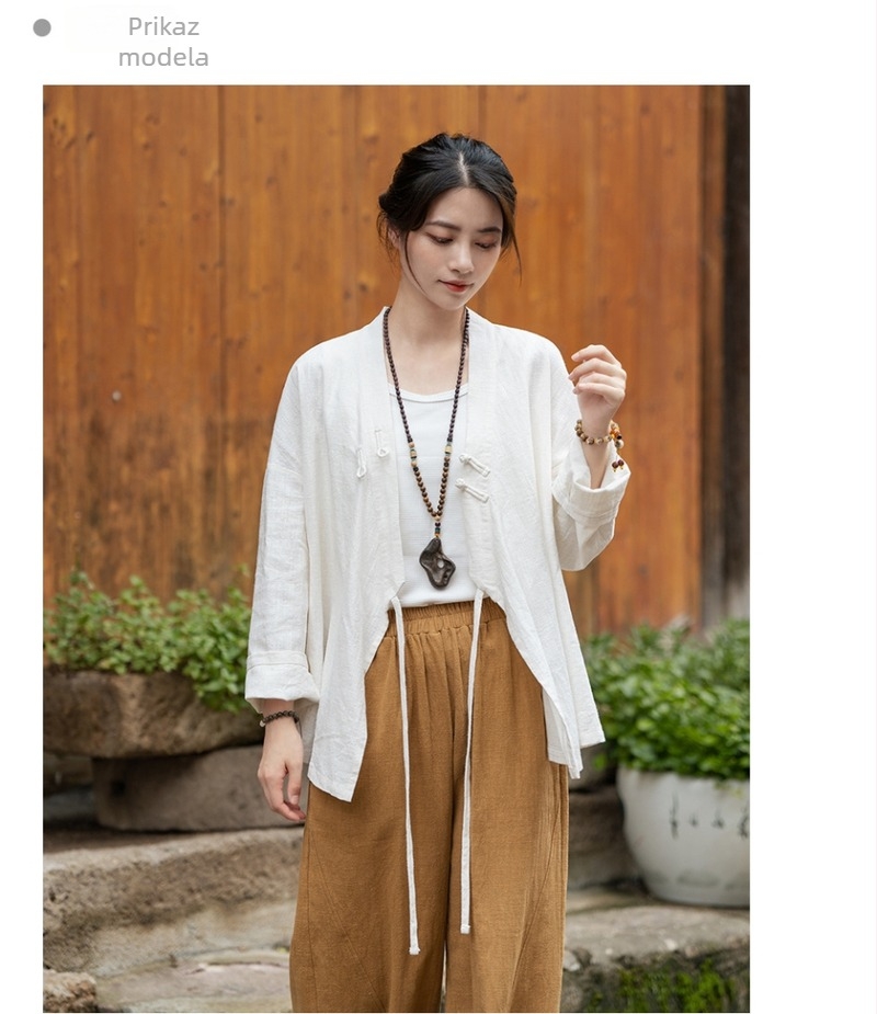 Ženski Hanfu top od ramije, s efektom pijeska (sand-washed), proljetna verzija, križni ovratnik, kineski stil, bluza za čajnu ceremoniju, Zen inspiriran