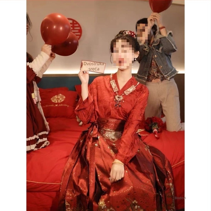 Hanfu haljina tradicionalnog kineskog stila za nazdravljanje, zaruke i vjenčanje, crvena mamian suknja, vjenčani komplet