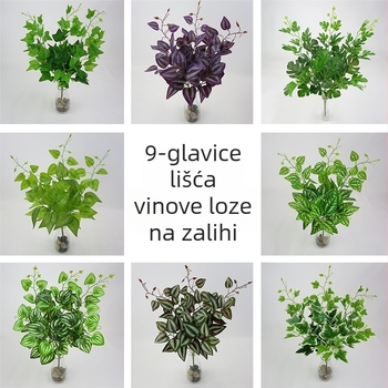 Velika umjetna zelena biljka s 9 listova za zidnu dekoraciju, uključuje listove, umjetne cvjetove i lozu