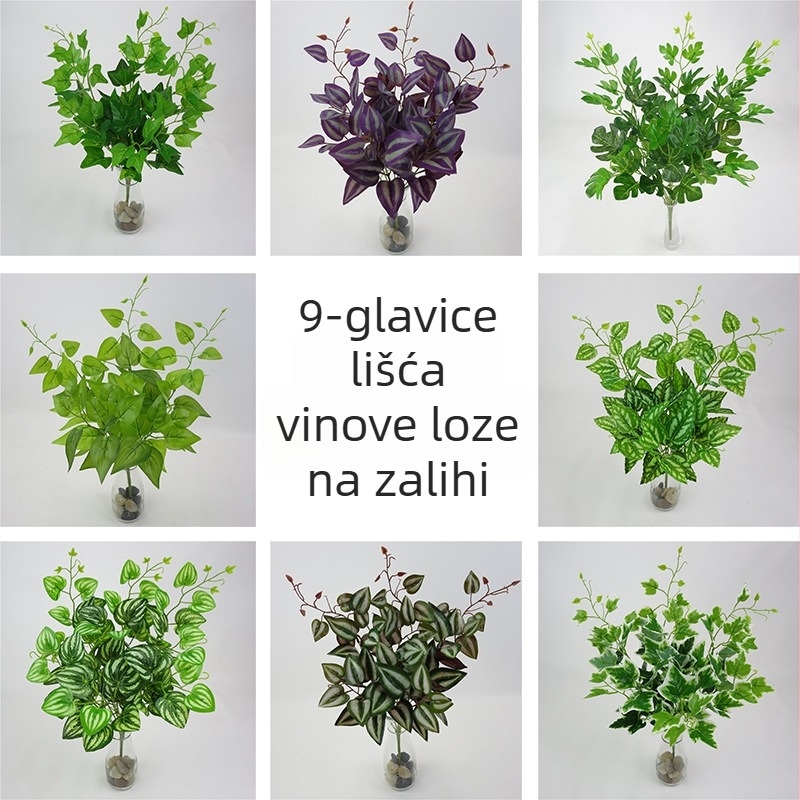 Velika umjetna zelena biljka s 9 listova za zidnu dekoraciju, uključuje listove, umjetne cvjetove i lozu
