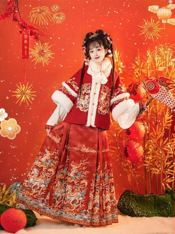 Ženski Hanfu u stilu Ming dinastije, zimska Mamian suknja s flis podstavom i debelim materijalom, geometrijskim vezom, tradicionalni kostim