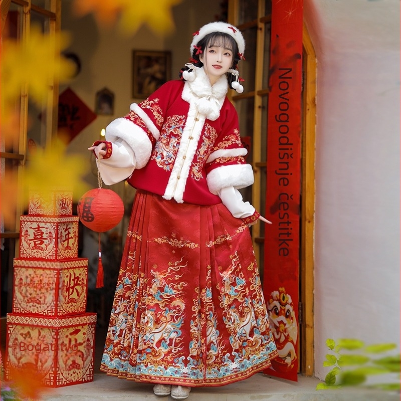 Ženski Hanfu u stilu Ming dinastije, zimska Mamian suknja s flis podstavom i debelim materijalom, geometrijskim vezom, tradicionalni kostim