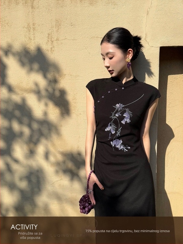 Lu Qingyi Original [Peilan] Cheongsam haljina za žene – proljeće/ljeto, otisak s vezom, trodijelni set