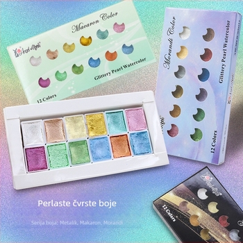 Perleće akvarelne boje u čvrstom pakiranju — metalne macarons boje za umjetnost i japanski nokti, 12 boja u kutiji