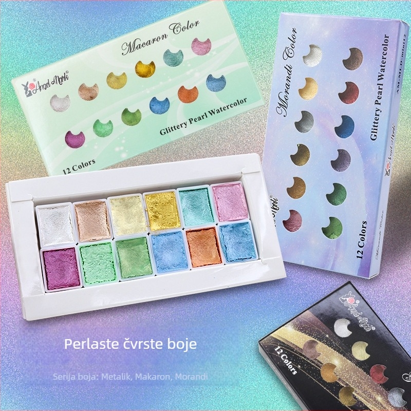 Perleće akvarelne boje u čvrstom pakiranju — metalne macarons boje za umjetnost i japanski nokti, 12 boja u kutiji