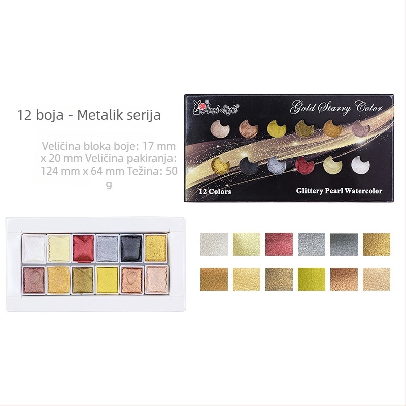 Perleće akvarelne boje u čvrstom pakiranju — metalne macarons boje za umjetnost i japanski nokti, 12 boja u kutiji