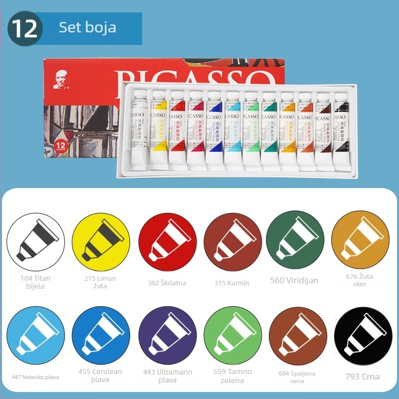 Set akrilnih boja, 12 boja, cijevi 12 ml, vodootporan, za crtanje i DIY