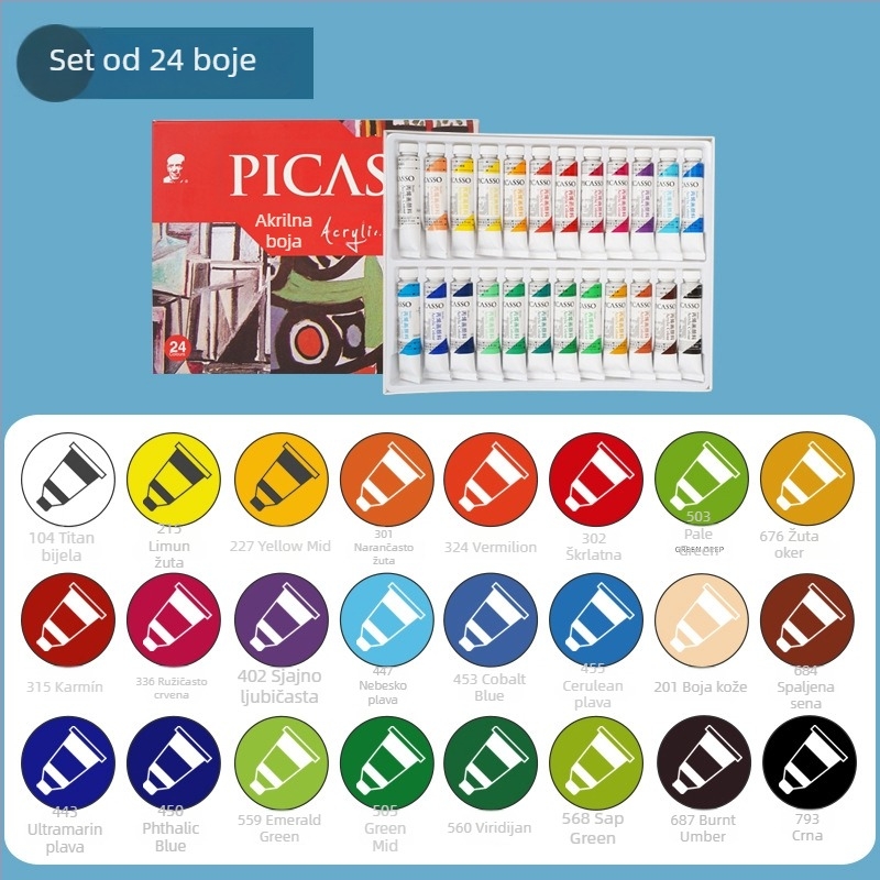 Set akrilnih boja, 12 boja, cijevi 12 ml, vodootporan, za crtanje i DIY