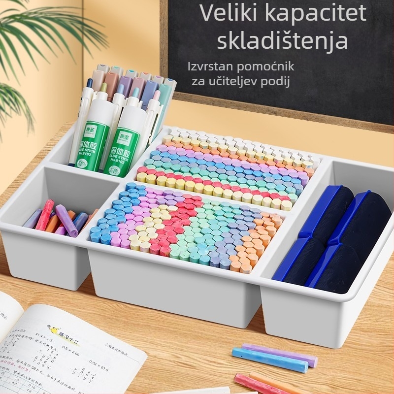 Kutija za školsku kredu s velikim kapacitetom i višestrukim pretincima, organizator za gumicu za ploču i držač olovaka.
