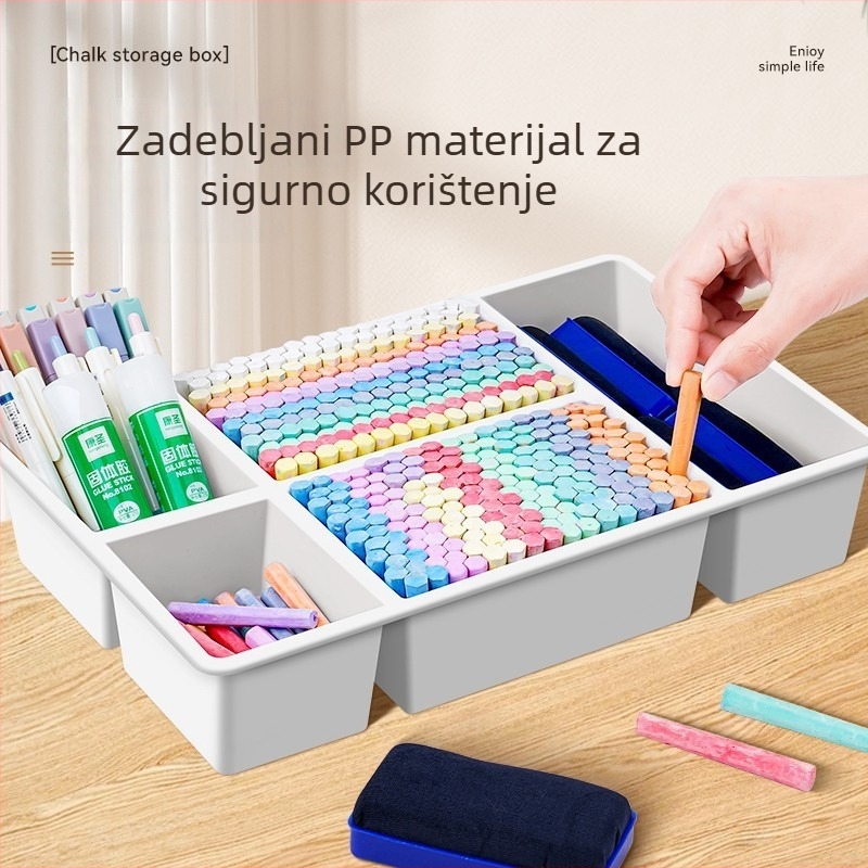 Kutija za školsku kredu s velikim kapacitetom i višestrukim pretincima, organizator za gumicu za ploču i držač olovaka.