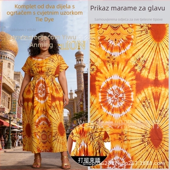 Dvodijelni afrički kaftan set s maramom za glavu, duga haljina s naglašenim strukom, plus veličina