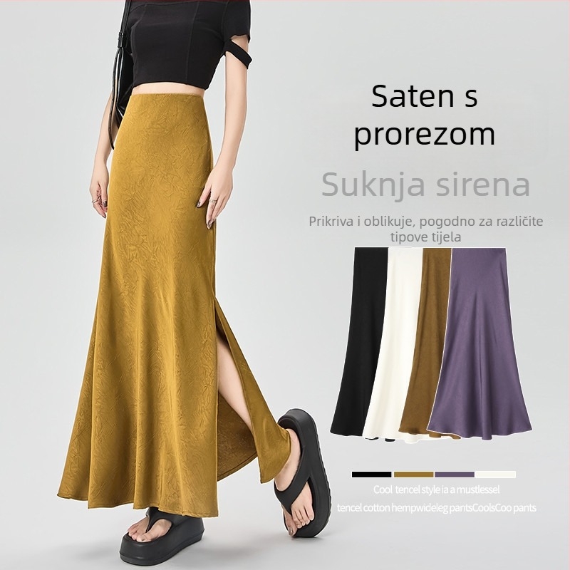 Midi suknja od acetatnog saten sa bočnim otvorom, za žene, ljeto, jacquard tekstura, laskavo drapiranje, A-linija silueta sirene