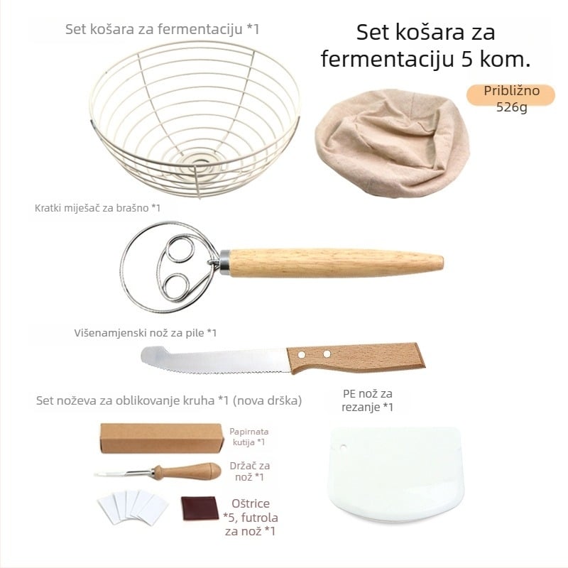 Set alata za pečenje kruha: posuda za fermentaciju od nehrđajućeg čelika, nož za rezanje tijesta i mikser tijesta