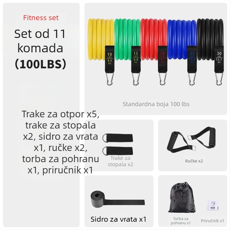 TPE 11-dijelni set traka za vježbanje s otpornošću, 100/150/200 lb otpornosti