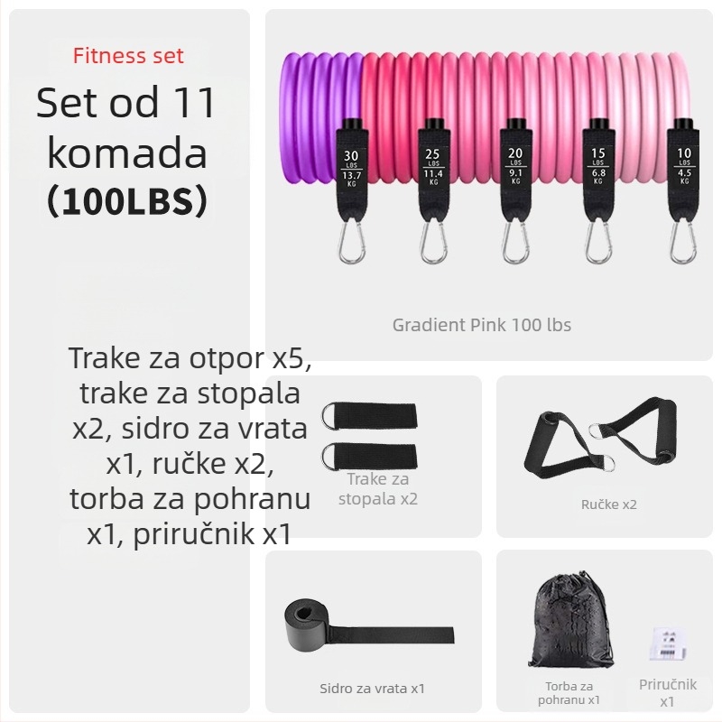TPE 11-dijelni set traka za vježbanje s otpornošću, 100/150/200 lb otpornosti