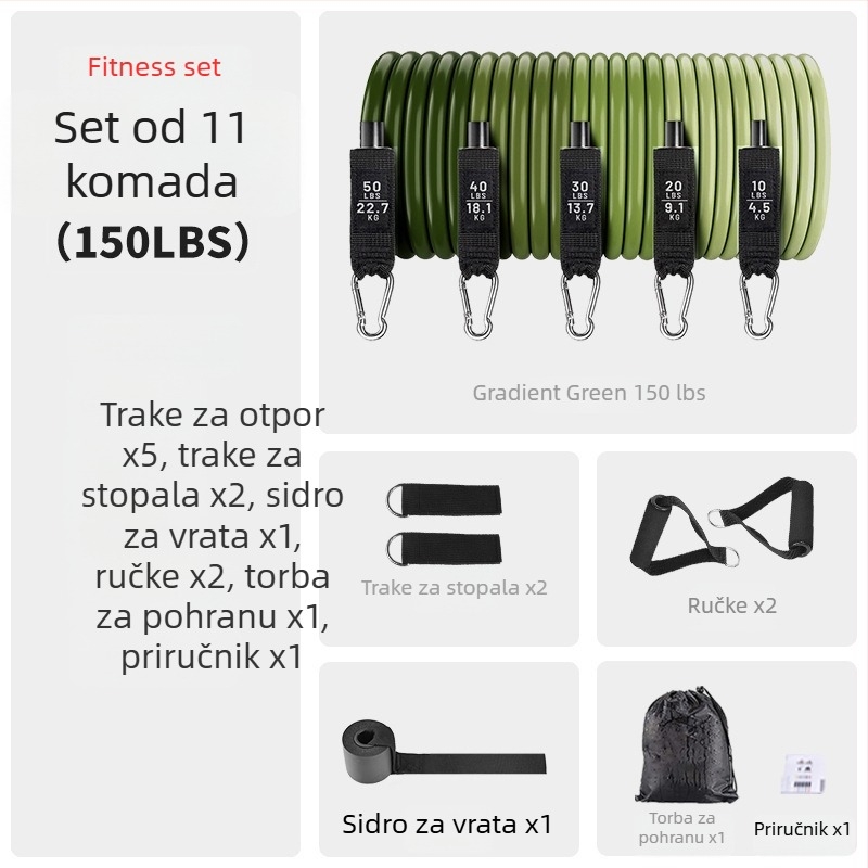 TPE 11-dijelni set traka za vježbanje s otpornošću, 100/150/200 lb otpornosti