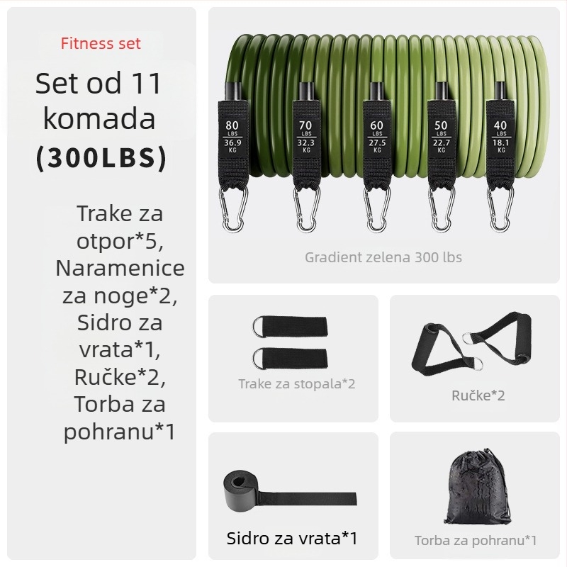 TPE 11-dijelni set traka za vježbanje s otpornošću, 100/150/200 lb otpornosti