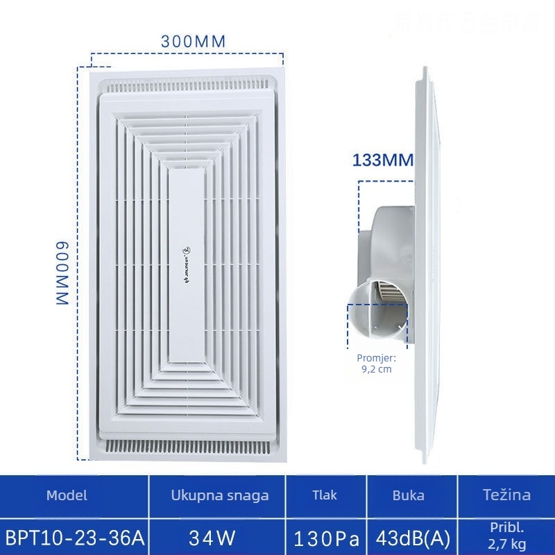 Golden Antelope integrirani stropni ventilator s LED svjetlom, 300×600, aluminijski panel, tiho i snažno protjecanje zraka