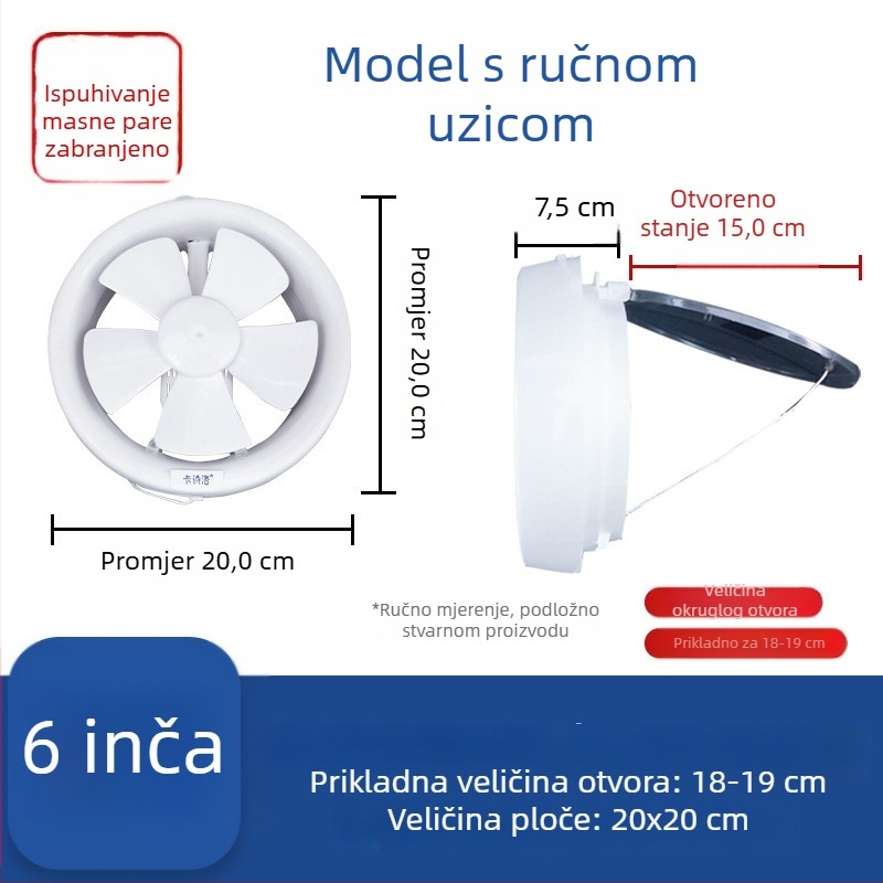 Jak ventilator za ventilaciju kupaonice i WC-a, stakleni ispušni ventilator za kuhinju i kupaonicu, prozor montiran, kružni otvor, tih dizajn
