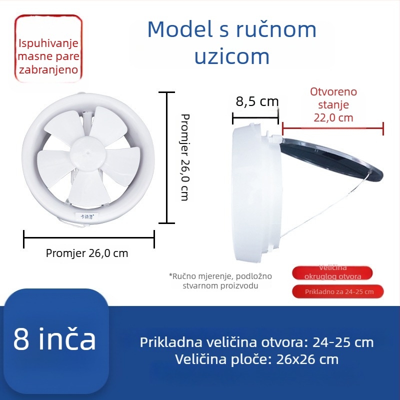 Jak ventilator za ventilaciju kupaonice i WC-a, stakleni ispušni ventilator za kuhinju i kupaonicu, prozor montiran, kružni otvor, tih dizajn