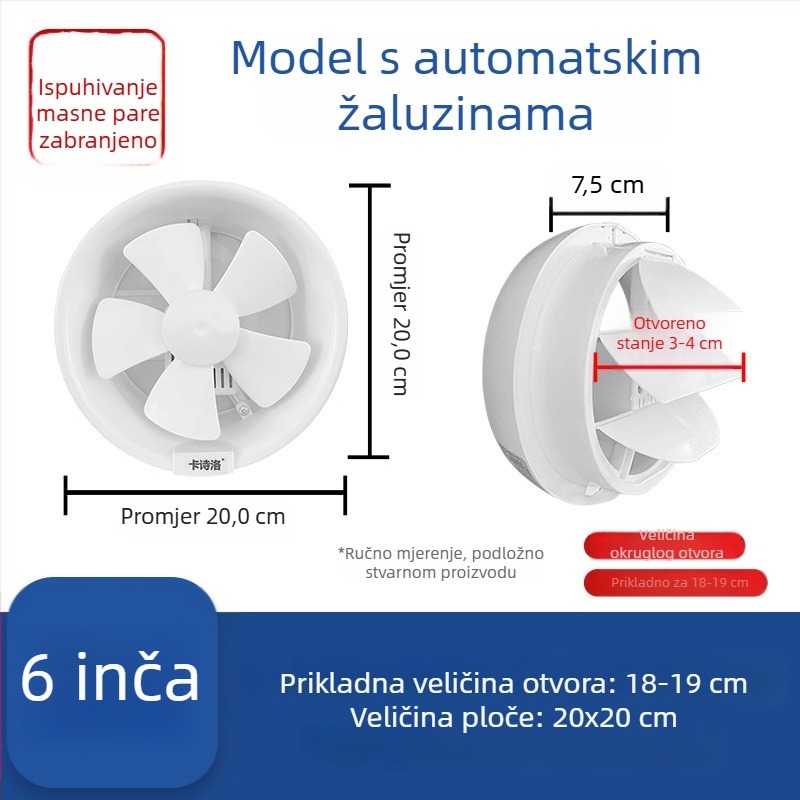 Jak ventilator za ventilaciju kupaonice i WC-a, stakleni ispušni ventilator za kuhinju i kupaonicu, prozor montiran, kružni otvor, tih dizajn