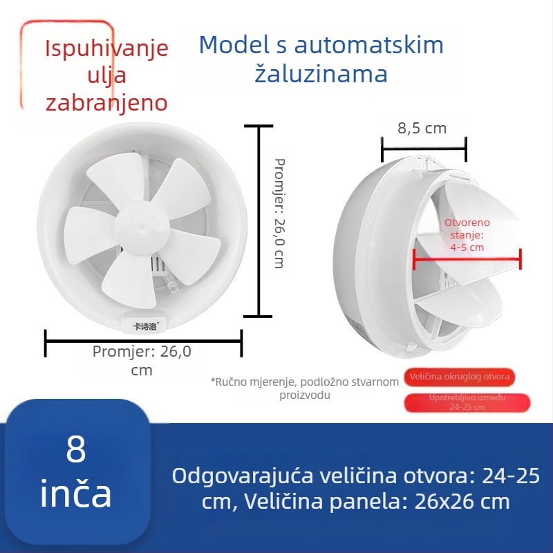 Jak ventilator za ventilaciju kupaonice i WC-a, stakleni ispušni ventilator za kuhinju i kupaonicu, prozor montiran, kružni otvor, tih dizajn