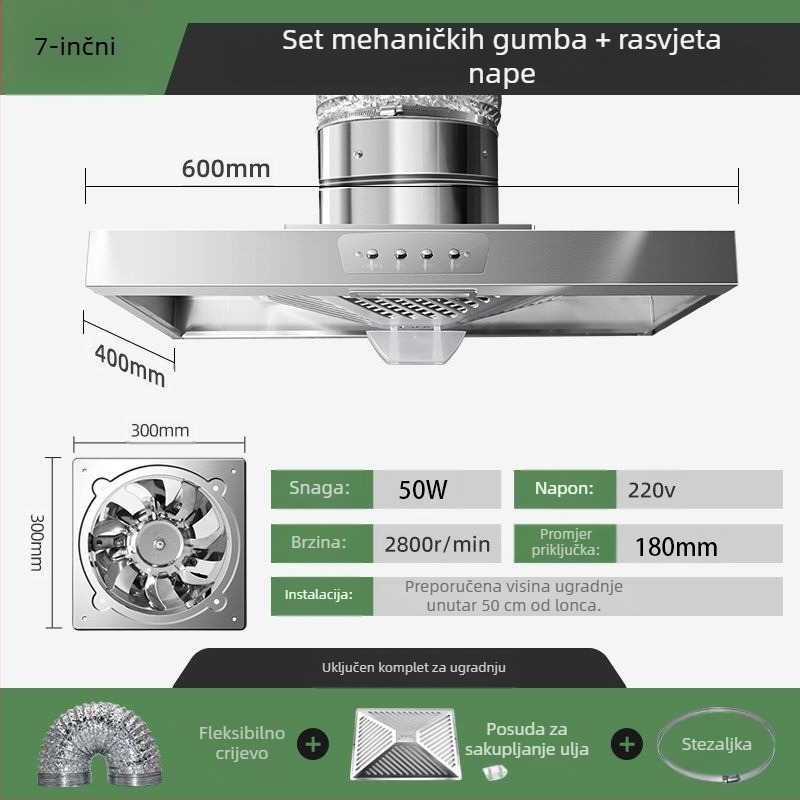 Nehrđajući čelični kuhinjski ispušni ventilator s tlačnim kanalom i visokim usisnim kapacitetom