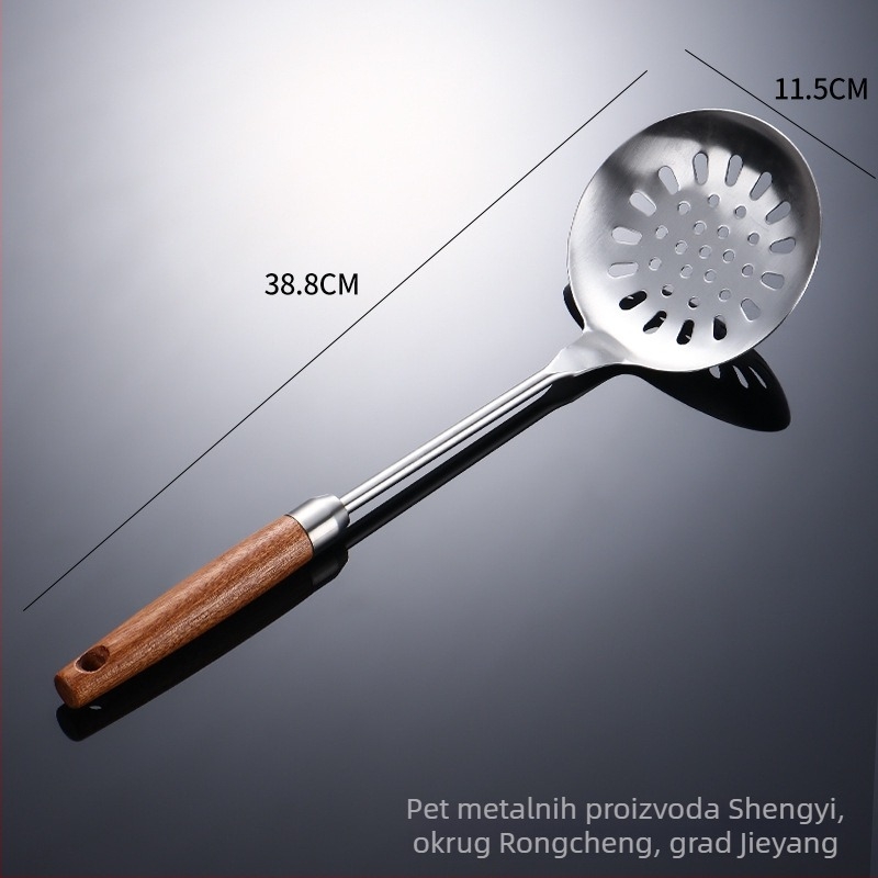 Set spatula od nehrđajućeg čelika 304 s drvenim držačem Sapeli; uključuje spatulu, žlicu s rupicama, cjedilo i preokretač palačinki