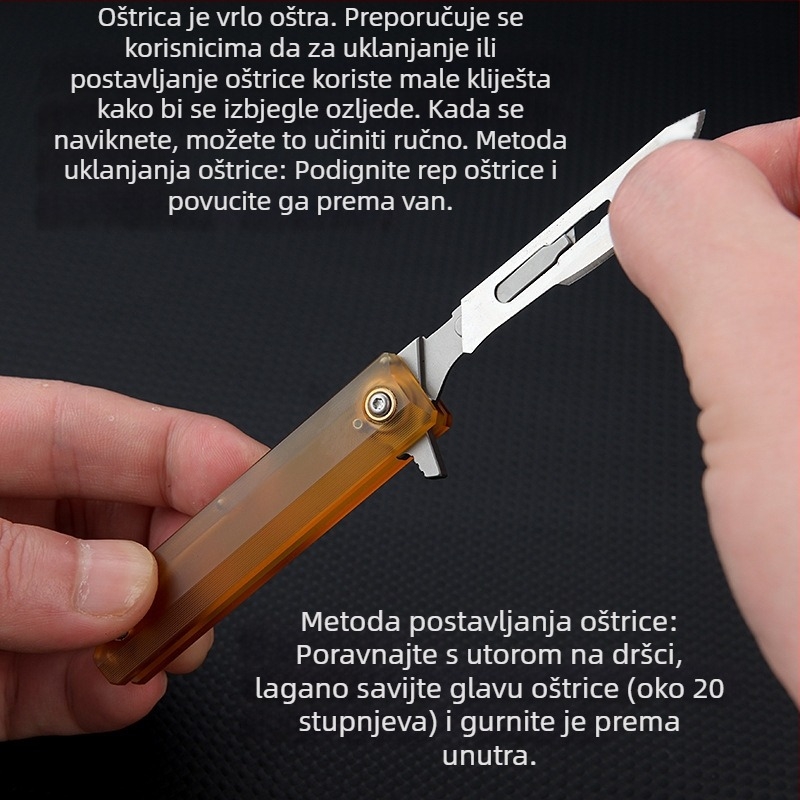Mini alat za otvaranje kutija s PEI drškom, jantar boje, zamjenjiva oštrica, privjesak za ključeve