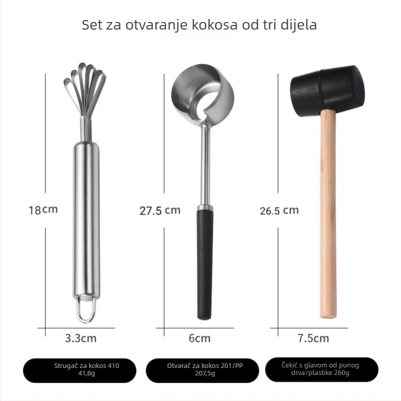 Otvarač kokosa od nehrđajućeg čelika, nož za kokos, strugalica za meso i bušitelj rupa za mlade kokose