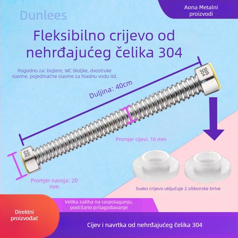Kratka spojka od nehrđajućeg čelika 304 za solarnu toplu i hladnu vodu, ulaz i izlaz, fleksibilno metalno crijevo