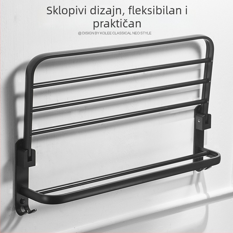 Crni aluminijski držač ručnika za kupaonicu, zidni, s kukom