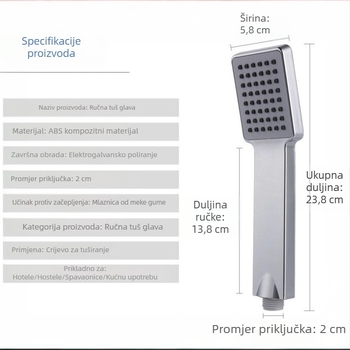 Kvadratna prijenosna tuš glava s tehnologijom protiv začepljenja, jednofunkcijska, povećava tlak i štedi vodu