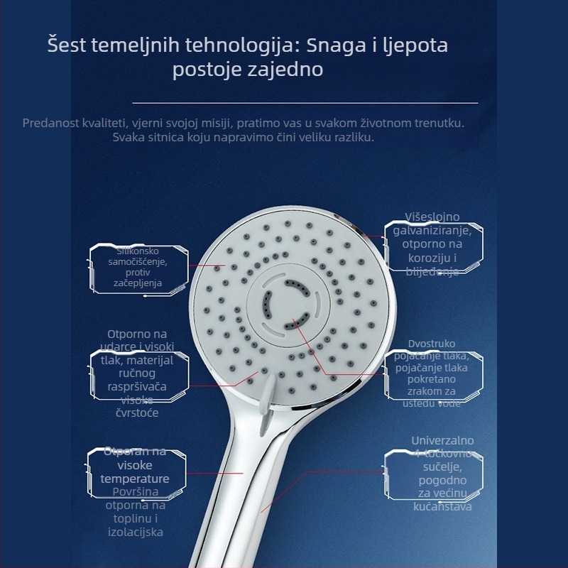 Set tuš glave s povećanim tlakom, crijevo i nosač, bez bušenja, okrugla kišna glava, ABS, samostalna ugradnja, moderan minimalistički dizajn