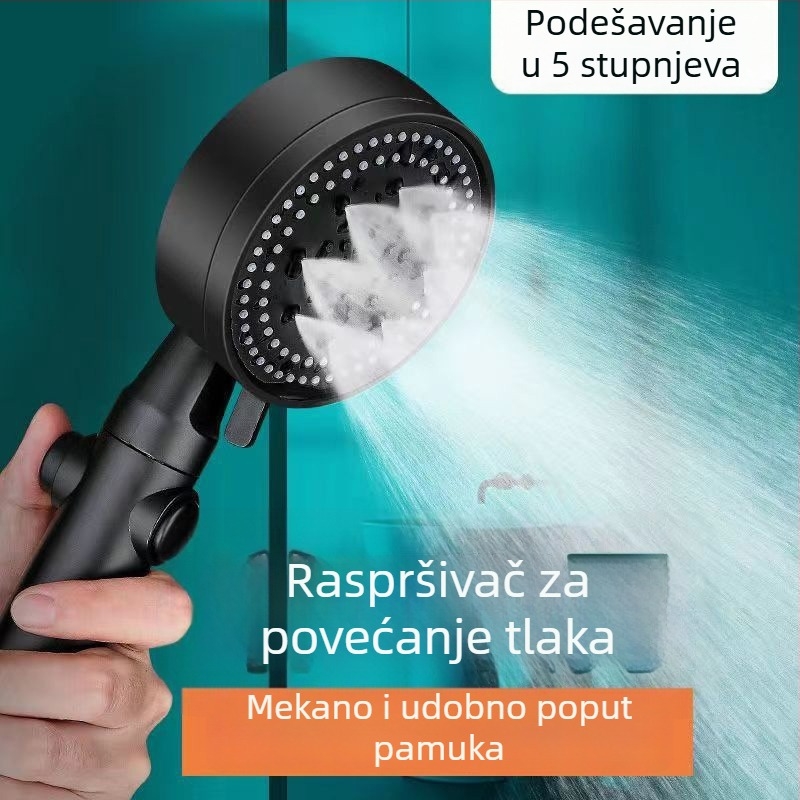 Crna glava tuša s pet brzina, kišni način, zidni set tuša, s jednim gumbom zaustavljanja vode