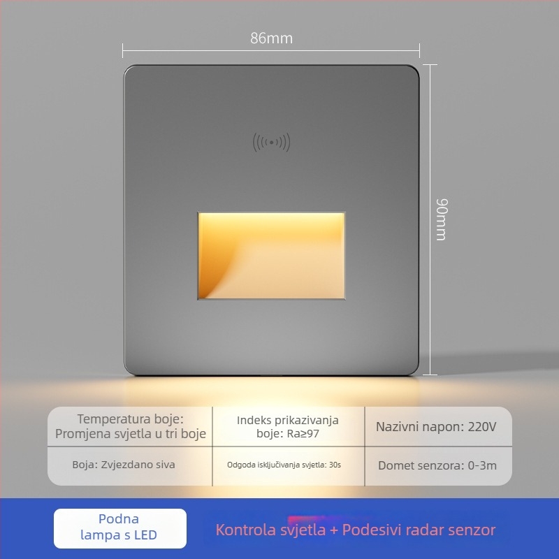 86-tip inteligentno senzor podnog svjetlo s radarom, ugrađeno svjetlo za stepenice, LED noćna svjetiljka za hodnik