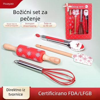 Božićni set za pečenje, četiri dijela od silikona: spatula, klip za hranu, valjak za tijesto i mućkalica za jaja, u poklon kutiji
