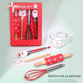 Božićni set za pečenje, četiri dijela od silikona: spatula, klip za hranu, valjak za tijesto i mućkalica za jaja, u poklon kutiji