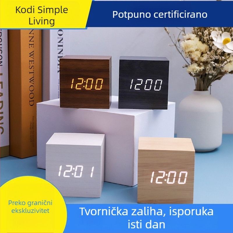 Stolni LED digitalni budilnik s glasovnim upravljanjem, noćno svjetlo, drveni mali budilnik za studente