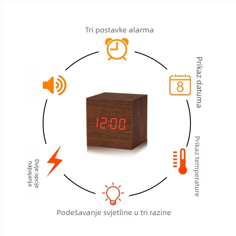 Stolni LED digitalni budilnik s glasovnim upravljanjem, noćno svjetlo, drveni mali budilnik za studente