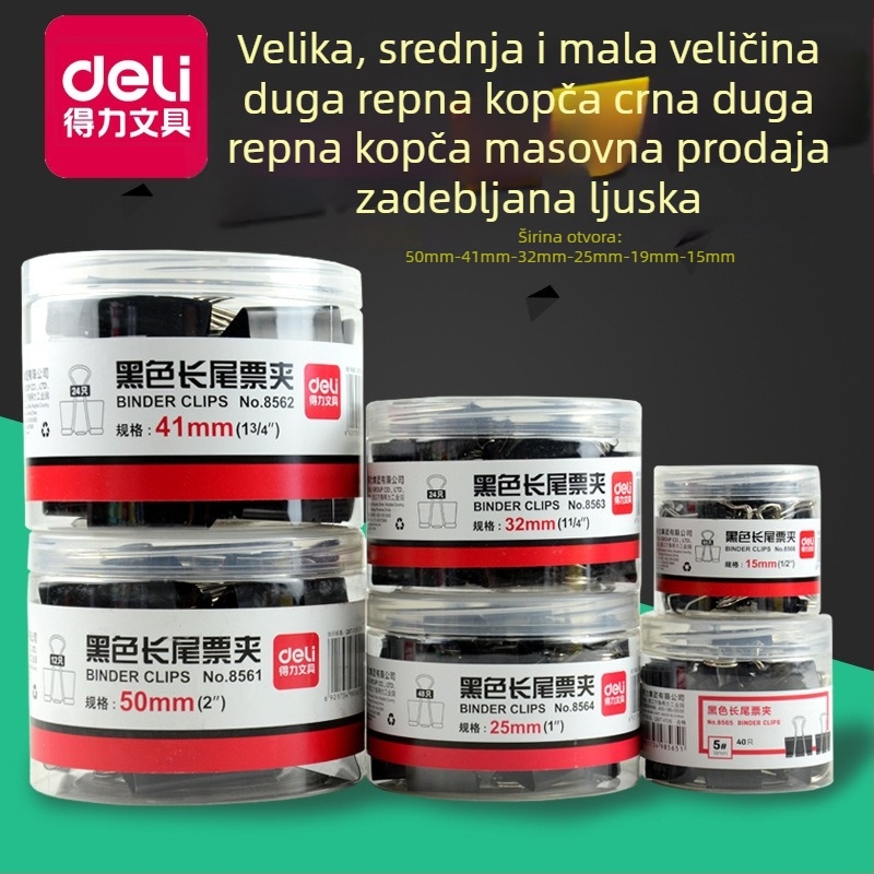 Deli Crni kutni klip — metalni klips za dokumente i kartice, veličine 1–6 (veliki, srednji, mali)