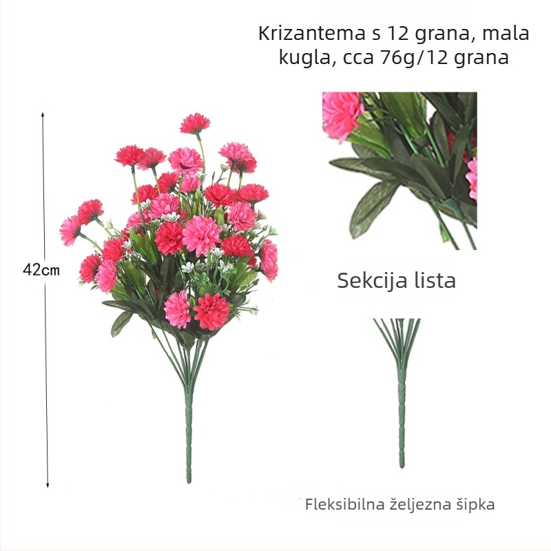 Umjetni buket s 12 glavama malih sfernih krizantema, pogodan za vjenčanja i fotografiranje.