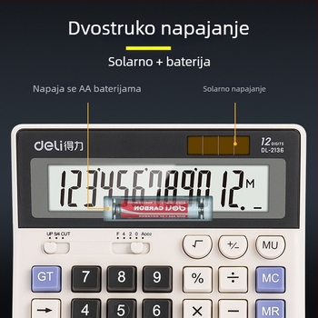 Deli 2136 kalkulator sa solarnim napajanjem, 12-znamenkasti zaslon, uredski kalkulator s dvostrukim napajanjem