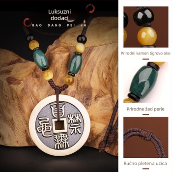 Taoistički talisman privjesak s kvadratnim otvorom na bakrenoj novčiću i mesinganom detaljom za zaštitu