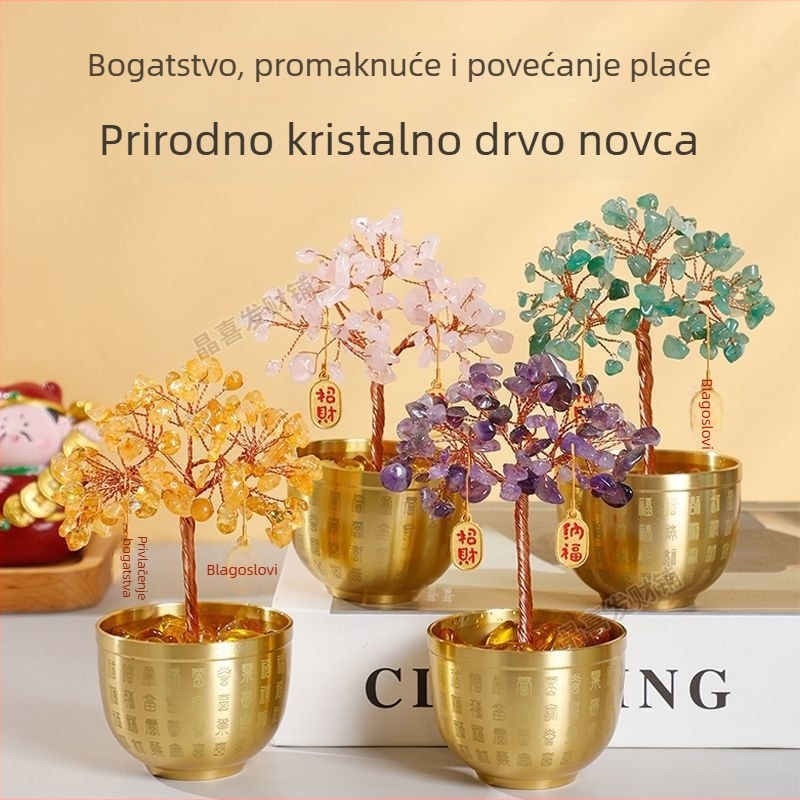Prirodno kristalno stablo sreće sa žutim kvarcnim šljunkom u zdjeli bogatstva – kućni dekor, poklon za useljenje