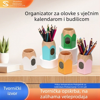 Uredski organizator s držačem za olovke, vječni kalendar i budilica s pozadinskim osvjetljenjem