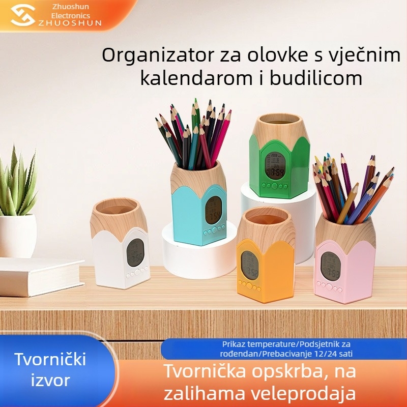 Uredski organizator s držačem za olovke, vječni kalendar i budilica s pozadinskim osvjetljenjem