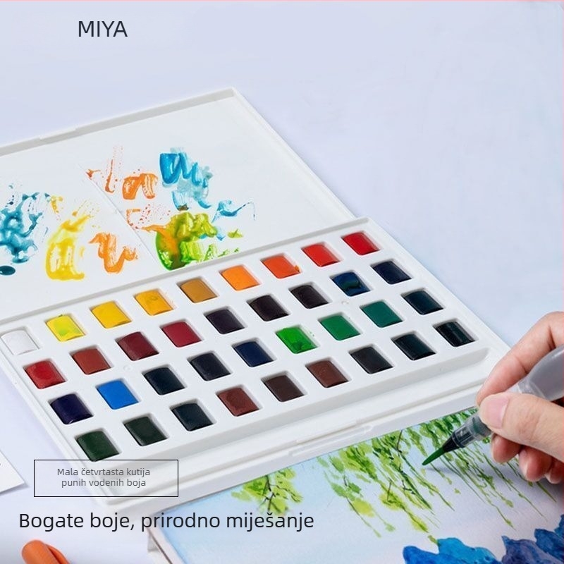 Mia čvrsti akvarelni set u maloj kvadratnoj kutiji, vodotopne boje, 24 ili 36 boja