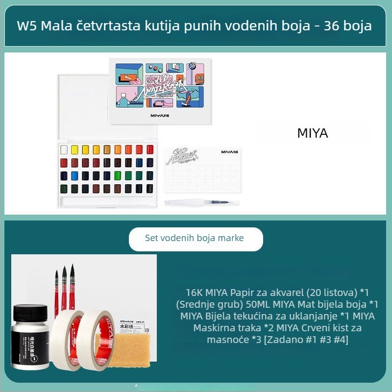 Mia čvrsti akvarelni set u maloj kvadratnoj kutiji, vodotopne boje, 24 ili 36 boja
