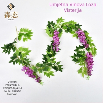 Umjetna loza s ljubičastim cvjetovima wistserije, dekor unutarnje i vanjske svadbene dekoracije